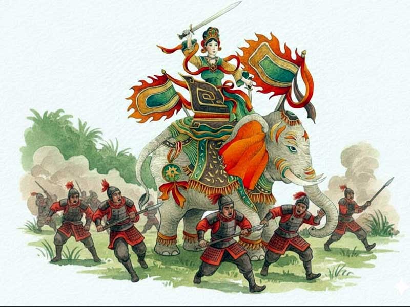 3 dấu mốc quan trọng gắn với quê Bà Triệu trong sử Việt 5 Ảnh minh hoạ về bà Triệu cưỡi voi ra trận đánh giặc Đông Ngô